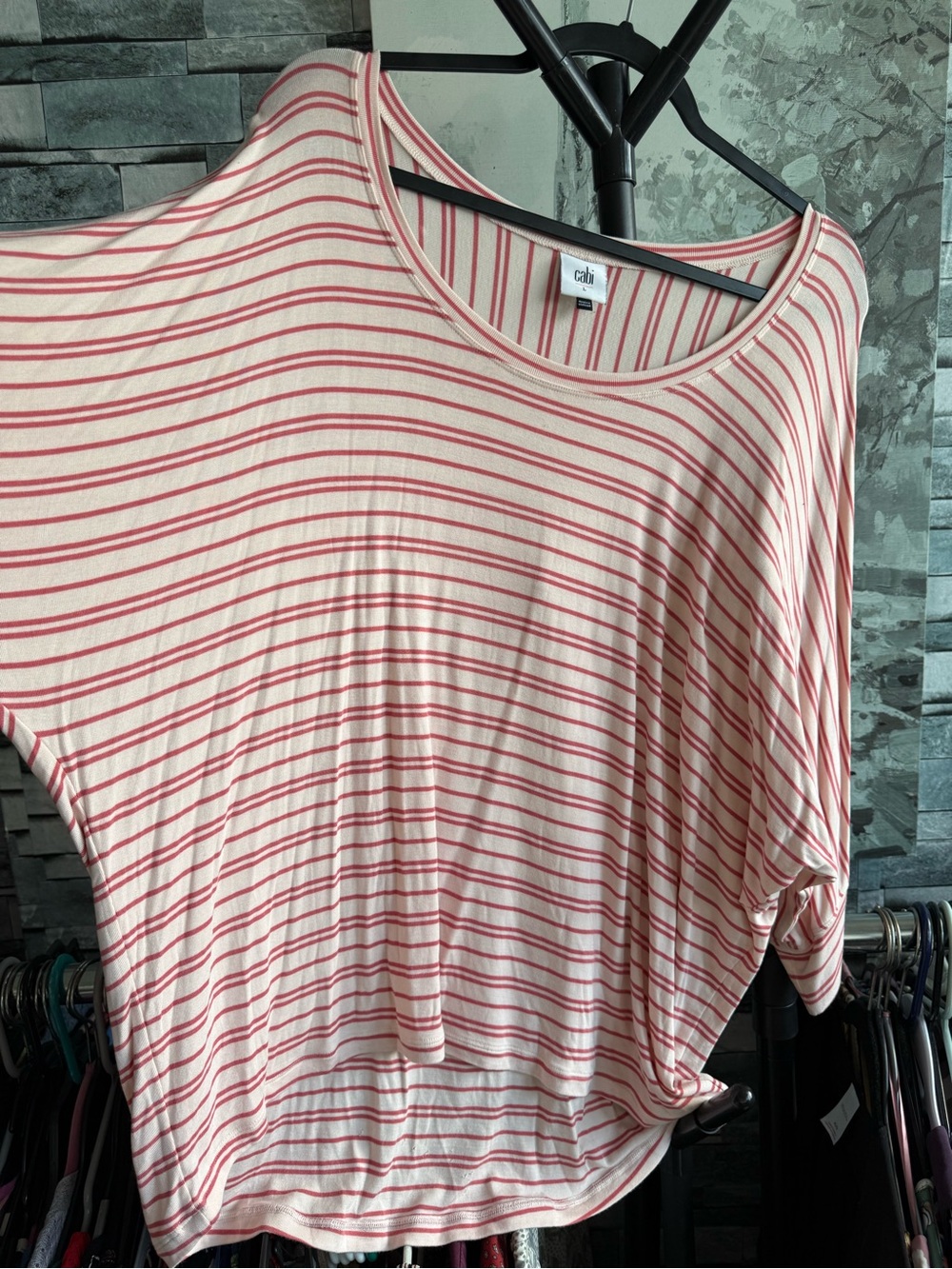 CAbi Pink and Cream Striped Dolman Sleeve Boatneck Top